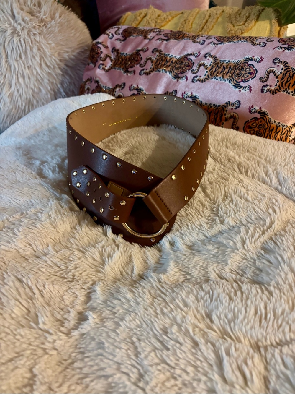 Anthropologie Brown Leather Wide Studded Waist Belt